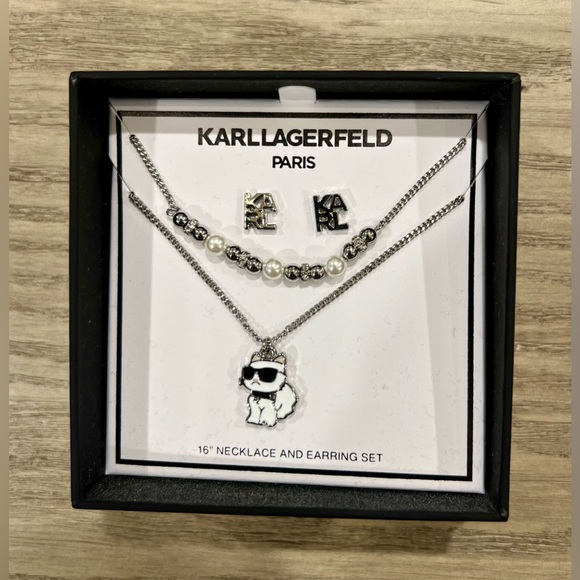 NIB! Karl Lagerfeld Silver Necklace Set & Earrings Set - Picture 2 of 3